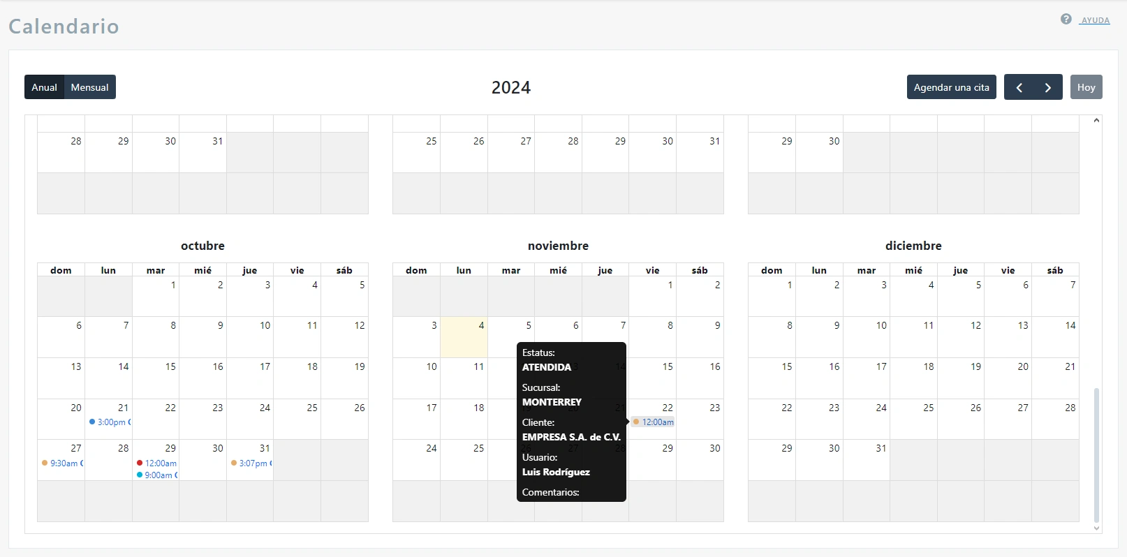 SonetERP. Pantalla de Calendario vista anual.