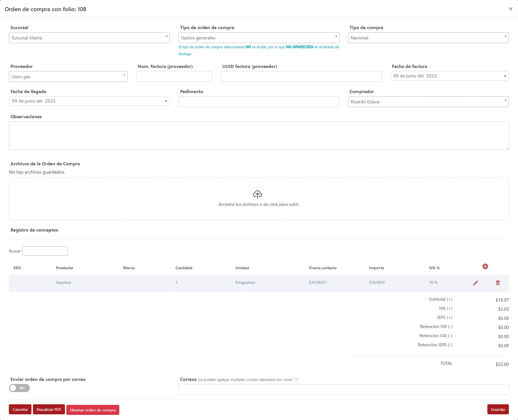 SonetERP. Vista de ventana Editar orden de compra de módulo de Compras y adquisiciones de Sonet-ERP