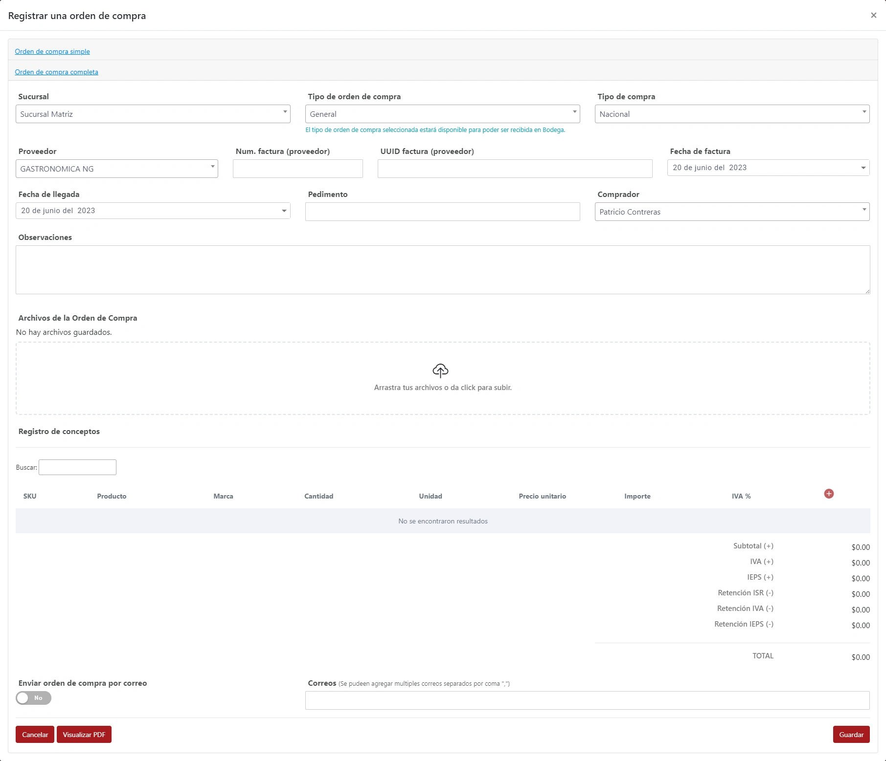 SonetERP. Vista de ventana Registrar compra completa de módulo de Compras y adquisiciones de Sonet-ERP