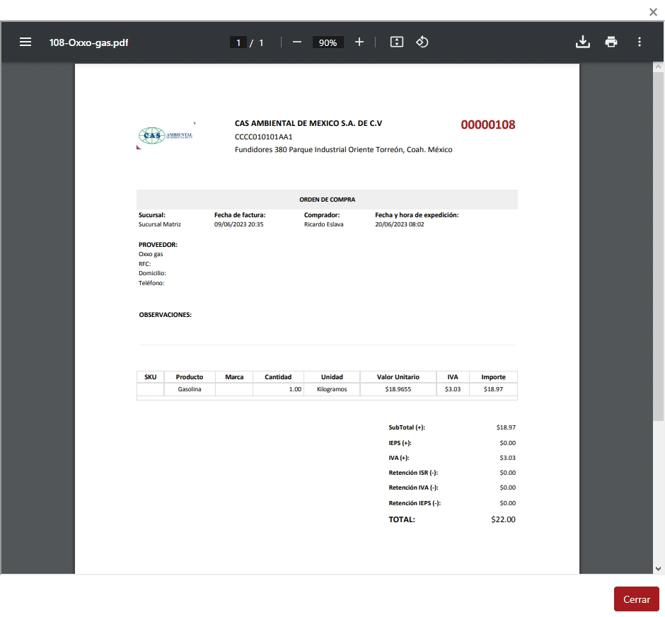 SonetERP. Vista de ventana Ver PDF de módulo de Compras y adquisiciones de Sonet-ERP