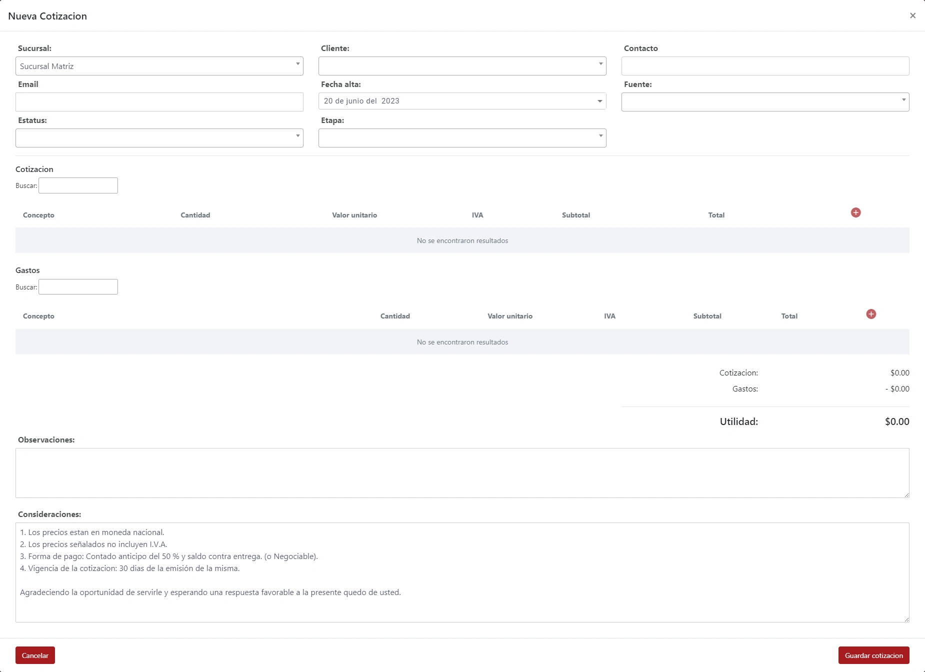 SonetERP. Vista previa de Nueva cotización de módulo de Cotizaciones de Sonet-ERP