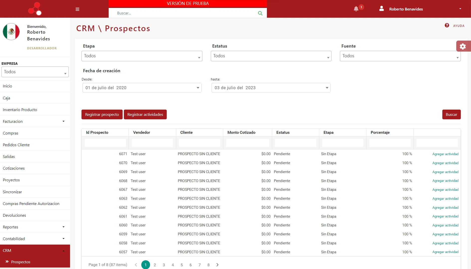 SonetERP. Vista previa de CRM: Prospectos de módulo de CRM de Sonet-ERP