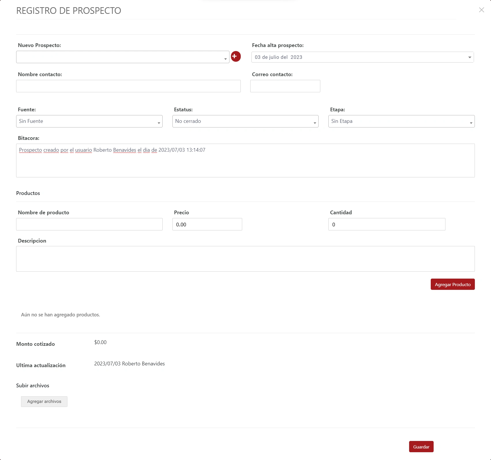 SonetERP. Vista previa de Registro de prospecto de módulo de CRM de Sonet-ERP