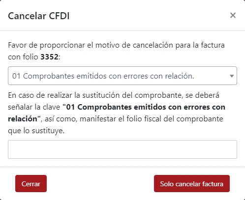 Vista de ventana Cancelar PDF de módulo de Facturación de Sonet-ERP