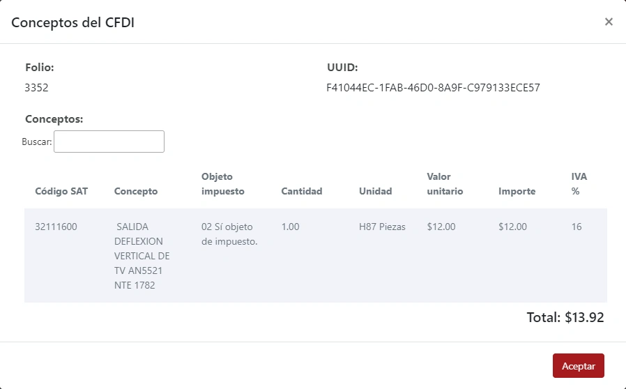 SonetERP. Vista previa de Conceptos del CFDI de módulo de Facturación de Sonet-ERP