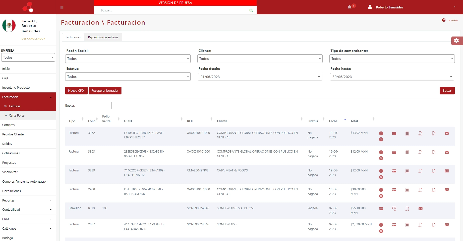 SonetERP. Vista previa de pantalla inicial de módulo de Facturación de Sonet-ERP