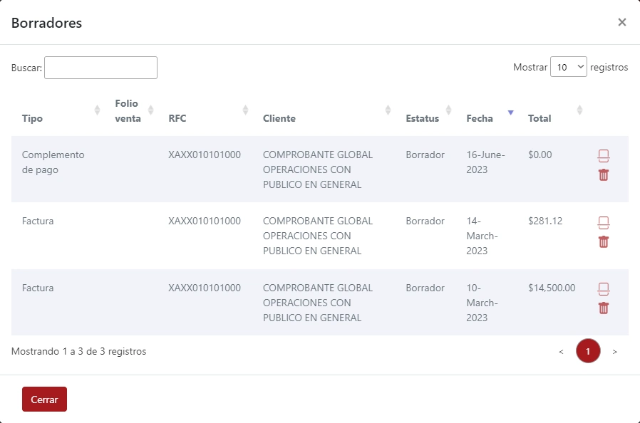 SonetERP. Vista previa de Recuperar borrador de módulo de Facturación de Sonet-ERP