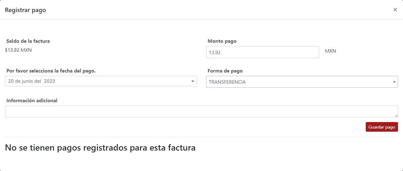 SonetERP. Vista previa de Registrar pago de módulo de Facturación de Sonet-ERP