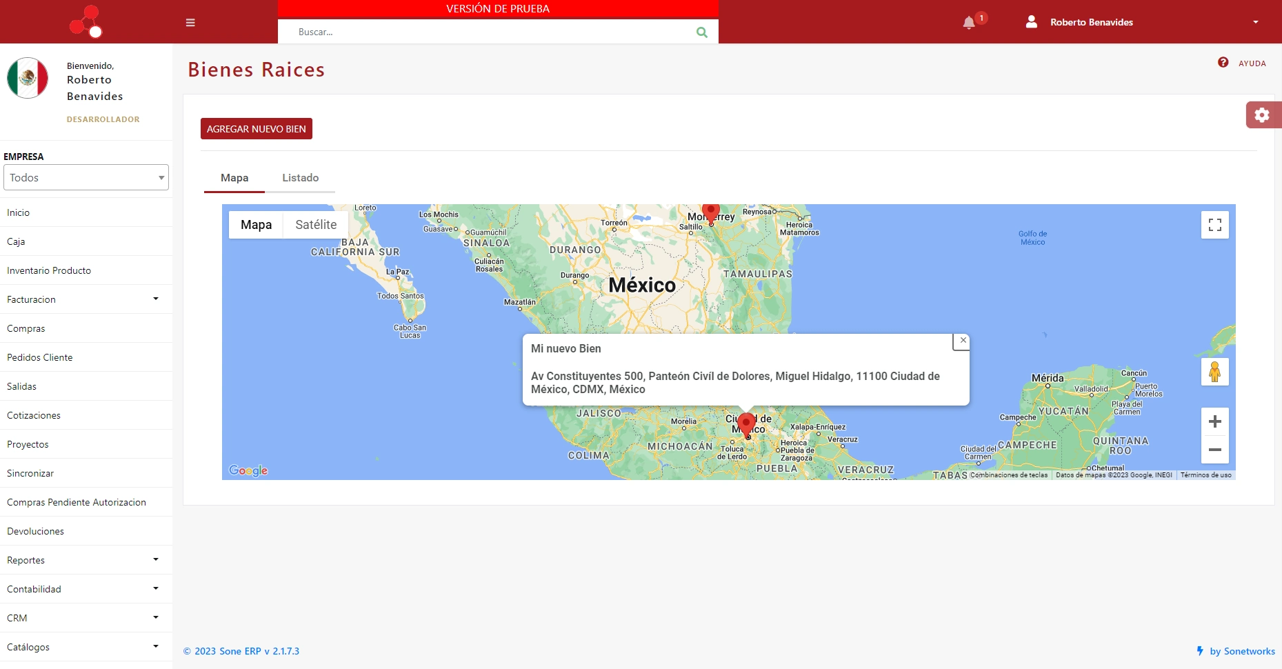 SonetERP. Vista previa de Mapa de bienes raíces de módulo de Manejo de bienes e inventario de Sonet-ERP