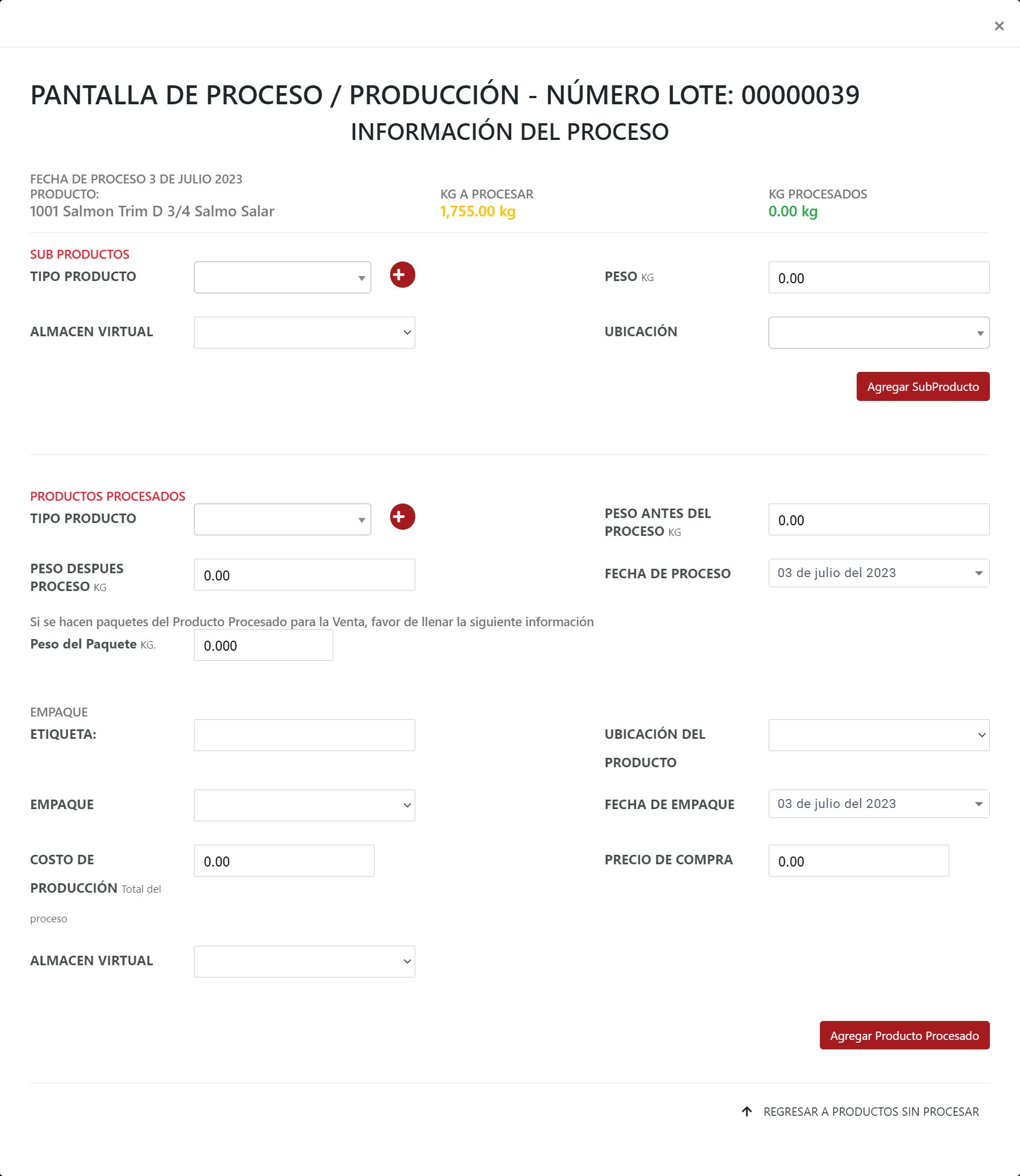 SonetERP. Vista previa de Información del proceso de módulo de Manufactura y control de merma de Sonet-ERP