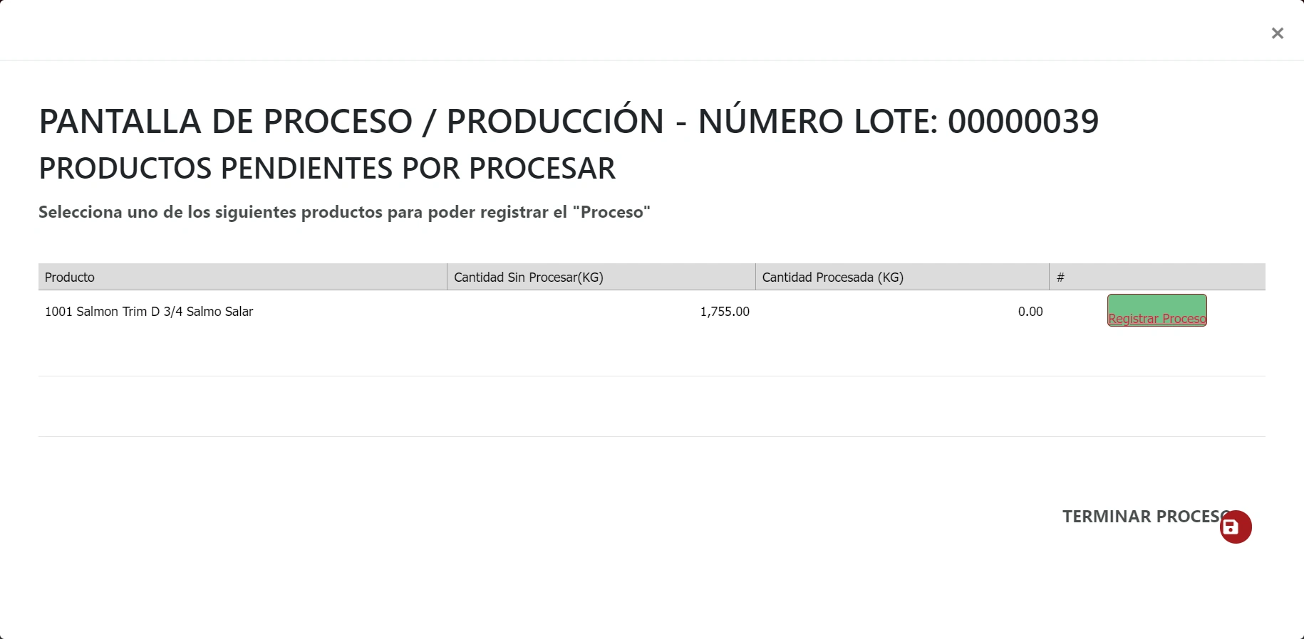 SonetERP. Vista previa de Pantalla de proceso o producción de módulo de Manufactura y control de merma de Sonet-ERP