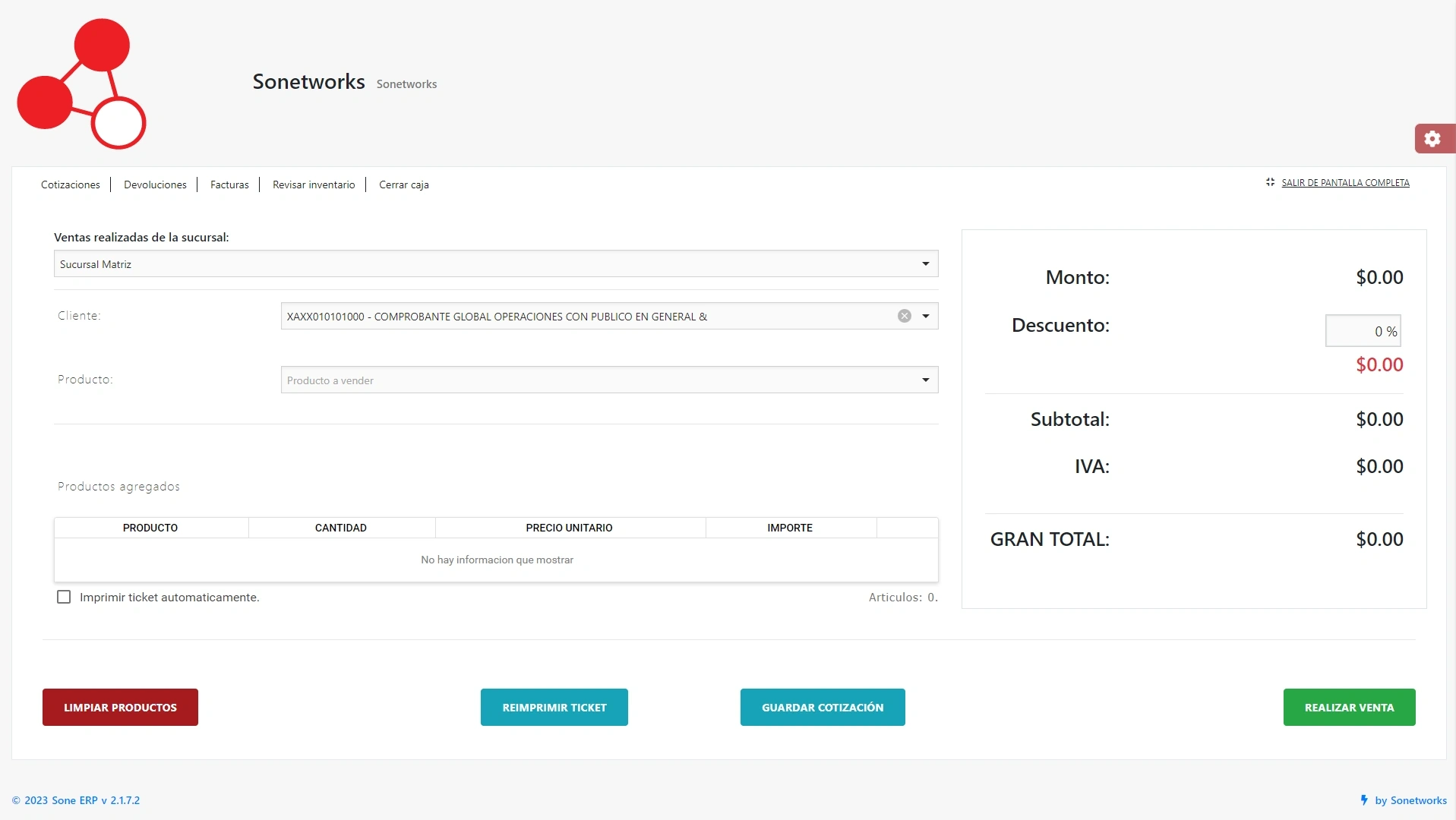 SonetERP. Vista previa de pantalla inicial de módulo de Punto de venta (Caja) de Sonet-ERP