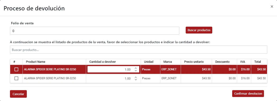 SonetERP. Vista previa de Devoluciones de módulo de Punto de venta (Caja) de Sonet-ERP