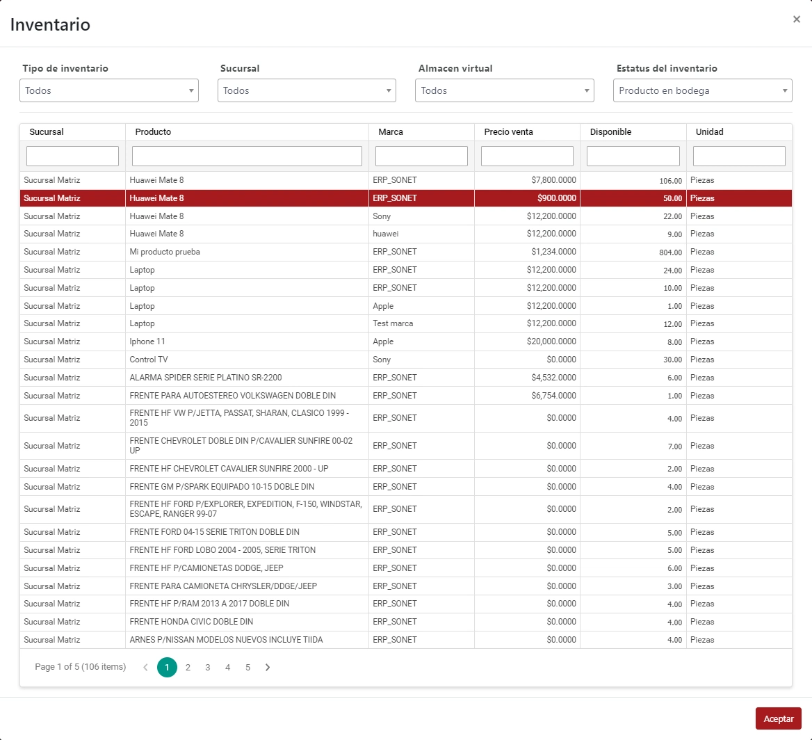 SonetERP. Vista previa de Revisar inventario de módulo de Punto de venta (Caja) de Sonet-ERP